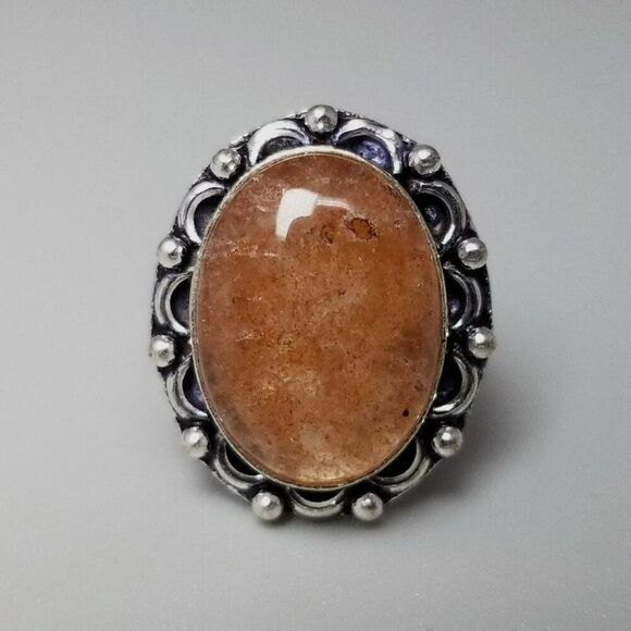 Vintage Orange Pink Oval Stone Ring, Silver Tone Bezel Set, Size 7.5 Band - Picture 1 of 8